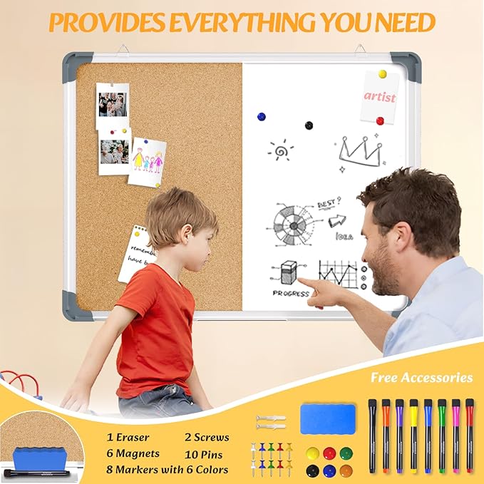 White Board Cork Board Combo, 24×18 inch for Office, Home, School, Vision Board, Pin Bulletin, Markers, Eraser, Magnets, Pins (Horizontal)