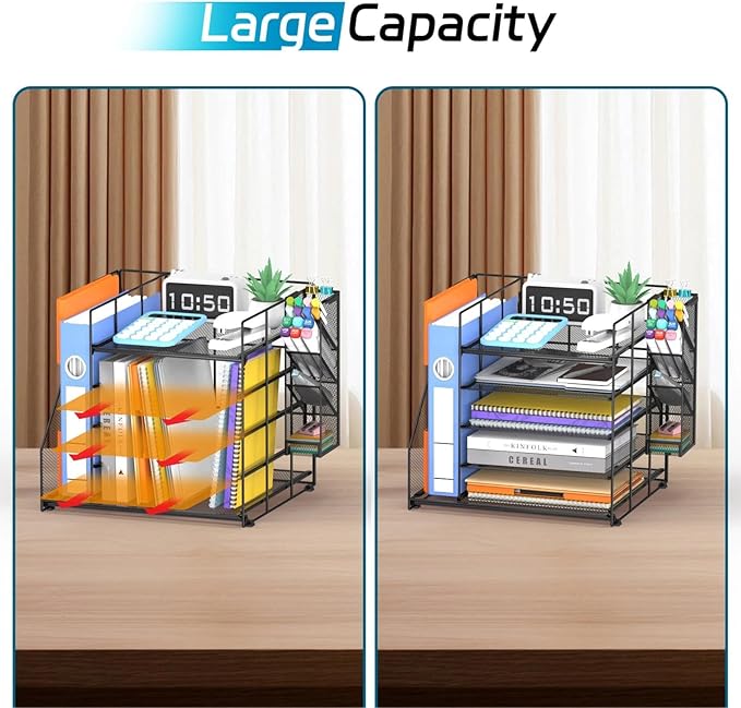 Desk Organizer with Magazine Holder, 5-Tier Paper Organizer for Desk with Pen Holder, Paper Letter Tray for Home, Office and School Supplies, Black