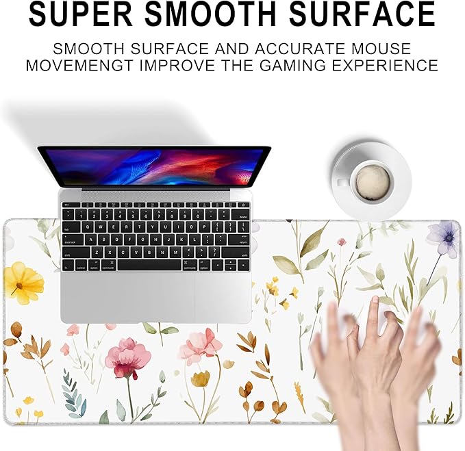 Gaming Mouse Pad, Watercolor Floral Wildflowers Large Desk Mat for Keyboard and Mouse,Non-Slip Rubber Base and Stitched Edges Desk Pad for Home Office 35.4x15.7in