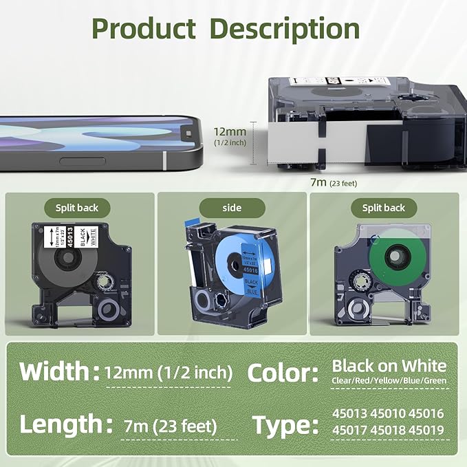 Label KINGDOM Label Maker Refills Replacement for Dymo 45013 45010 45016 45017 45018 45019 (Black on White/Clear/Blue/Red/Yellow/Green), for lm160 280 PnP 360D 210D 420P, 1/2" x 23 Ft, 6-Pack