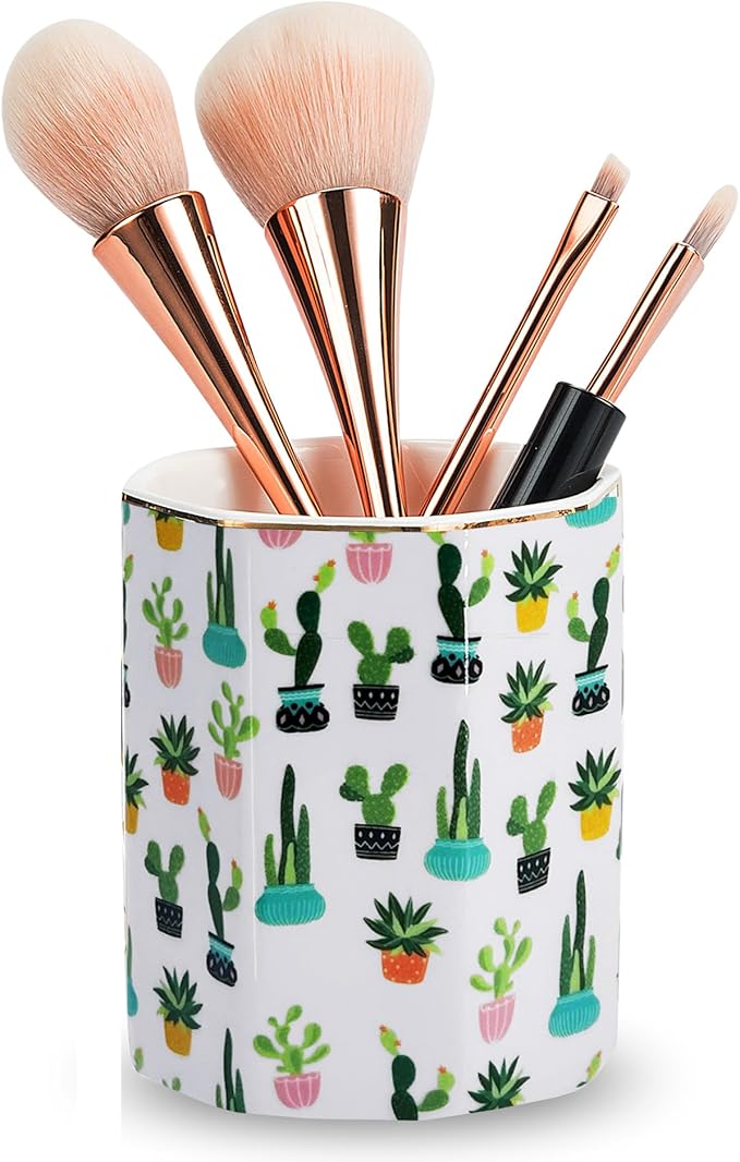 Pen Holder, Makeup Brush Holder Ceramic Shiny Gold Tropical Cactus Green Succulents Pattern Pencil Cup for Girls Kids Women Durable Stand Desk Organizer Storage Gift for Office, Classroom, Home