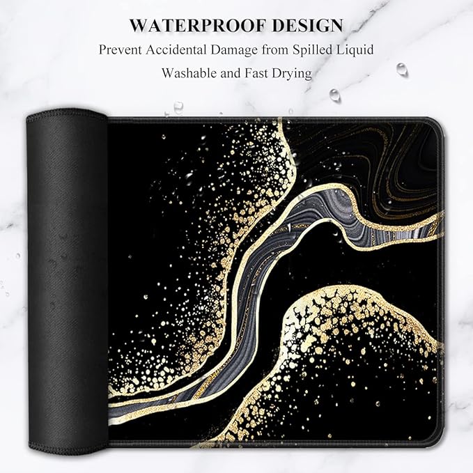 Auhoahsil Desk Pad, XL Extended Large Gaming Mouse Pad 31.5 x 11.8 Inch, Waterproof Mousepad with Stitched Edges, Non-Slip Computer Keyboard Laptop Mat for Women Men Office Work, Black Gold River