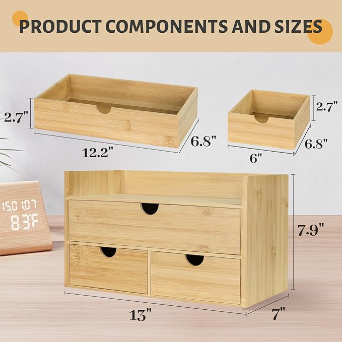 Bamboo Desk Organizer, Desktop Organizer with 3 Drawer, Tabletop Storage Organization Box for Bills, Countertop, Home Office Supplies