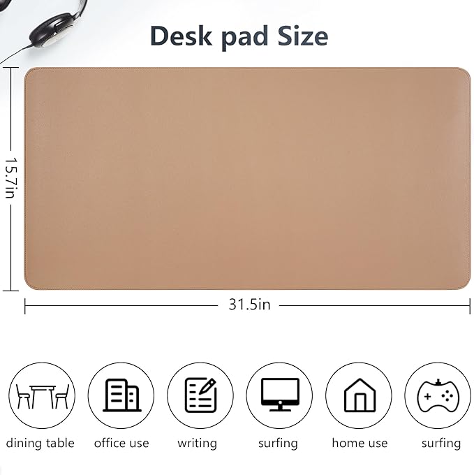 Dual-Sided Desk Pad, Large Mouse Pad, Natural Cork & PU Leather Non-Slip Waterproof Desk Mat for Office and Home (Khaki, 31.5" x 15.7")
