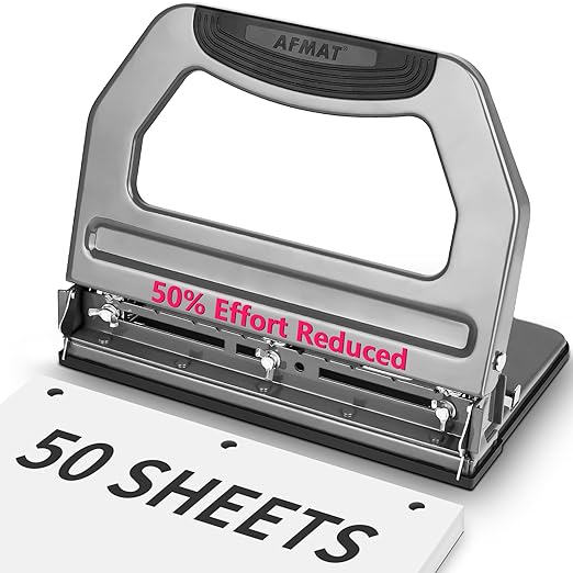 AFMAT HP18 Heavy Duty 3 Hole Punch, 50-Sheet Hole Puncher 3 Ring, 50% Reduced Effort, Adjustable Two & Three Hole Punch, Metal Paper Puncher w/Large Chip Tray, Metal Paper Guide, Gray