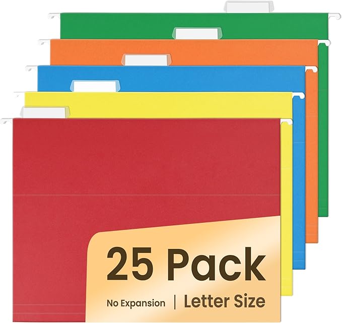 SUNEE Hanging File Folders Assorted Colors, 25 Pack File Folders Letter Size with 1/5-cut Tabs, Stay Organized for Your Home and Office Bulk File and Documents