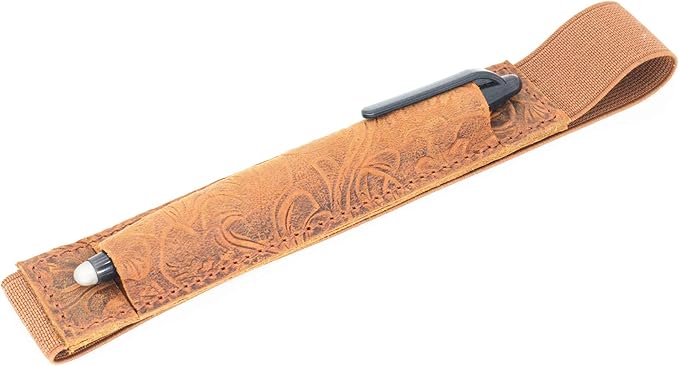 JJNUSA Genuine Leather Pen Case Holder Fits (4 to 6.5 in) Tall Notebooks Pencil Sleeve Cover Pen Pouch Pen Holster Handmade Flower Brown