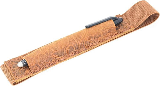 JJNUSA Genuine Leather Pen Case Holder Fits (4 to 6.5 in) Tall Notebooks Pencil Sleeve Cover Pen Pouch Pen Holster Handmade Flower Brown