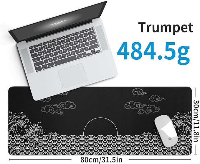 Japanese Sea Wave Gaming Mouse Pad Black Large Anime Mousepad Extended Mouse Mat 31.5''x11.8'' 3mm Thick Non-Slip Rubber Base Big Desk Pad for Office