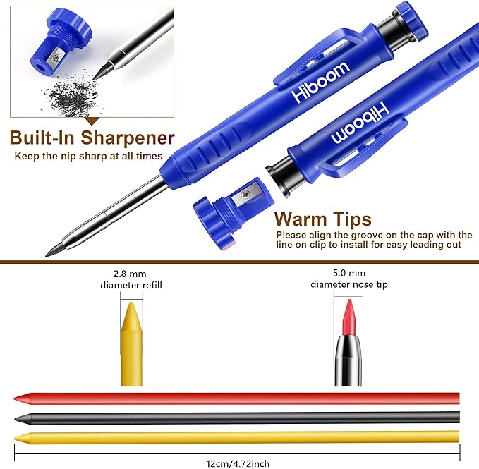 Hiboom 2 Pack Solid Carpenter Pencils with Pencil Cap and 18 Refills, Long Nose Deep Hole Mechanical Pencil Marker, Scribe Tool with Built-in Sharpener for Construction Woodworking Architect (Blue)