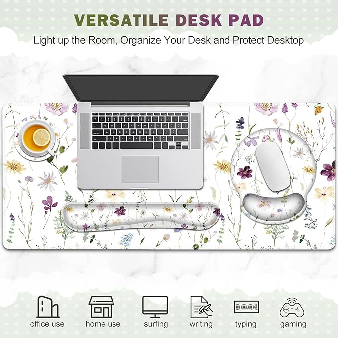 Gaming Mouse Pad, Large Desk Mat, Cute Desk Pad Protector, 4in1 XXL Mousepad + Keyboard Wrist Rest+Mouse Wrist Rest+Coaster Set with Ergonomic Desk Pad for Home Office Computer, Purple Flower Plants