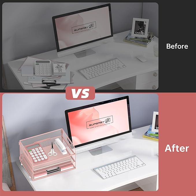 SUPEASY 3 Tier Paper Organizer with Handle, Mesh Desk Organizer Letter Tray, A4 File Folder Paper Tray, Pink