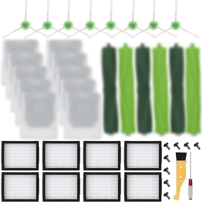 Katerelis 29 Pack Compatible with E/i/j Series Replacement Parts, E5 E6 E7 i2 i3 i3+i4 i4+ i6 i6+ i7 i7+ i8 i8+/Plus, 3 sets of multi-surface rubber roller brush 8 filters 8 side brushes 10 bags
