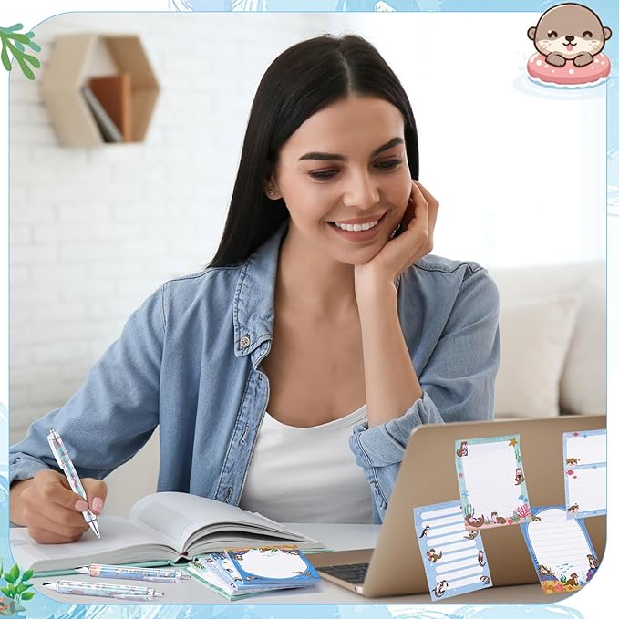 24 Pcs Otter Sticky Notes with Pens Themed Gifts Self Adhesive Notepad Cute Memo Notes Pads Black Ink Ballpoint Pen for Otter Lover Gifts Office School Students Teacher Supplies