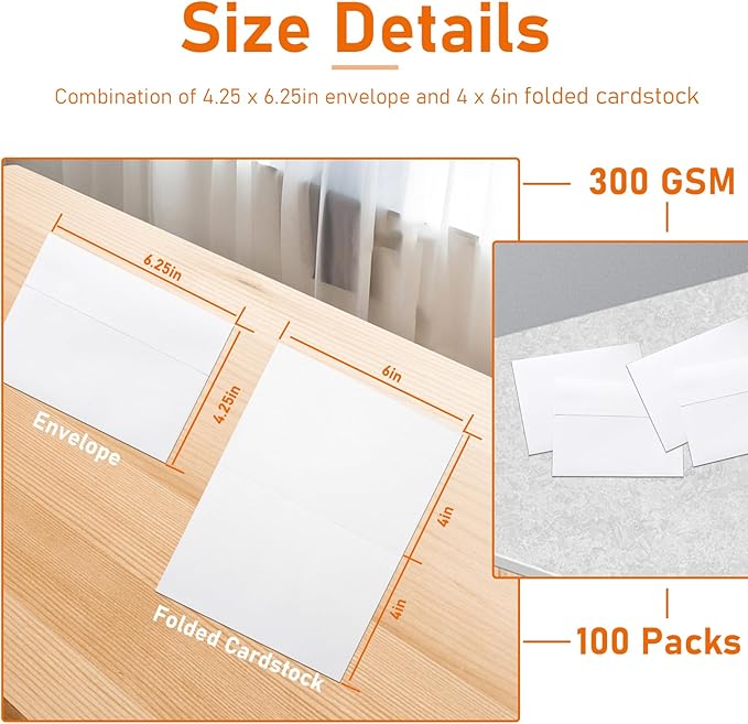 100 packs White Blank Note Cards and Envelopes 4 x 6 Heavyweight Folded Cardstock and A4 Envelopes Printable Self Seal for Wedding Invitations, Thank You Cards, Greeting Card & All Occasion
