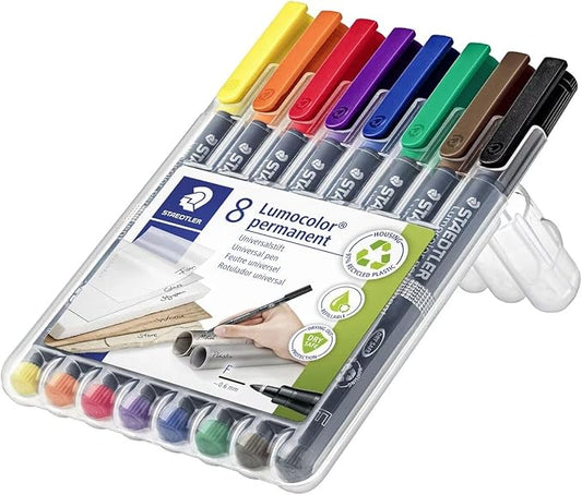 STAEDTLER Lumocolor Universal Pen, Fine, Felt Tip, Permanent Marker, Box of 8 Assorted Color Pens, 0.6mm 318 WP8, Multicolour, pack of 8 (318 WP8 ST)