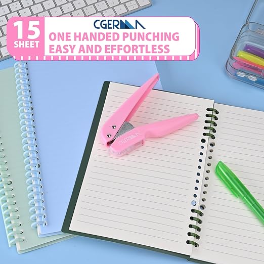 Single Hole Punch, 1/4" Hole Punches, 50% Labor Savings, Paper Hole Puncher, 15 Sheet Capacity, for Paper Cards Plastic Cardboard, Lightweight, Pink