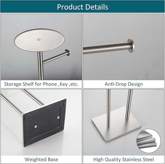 BVL Toilet Paper Holder Stand with Shelf Stainless Steel Brushed Nickel for Bathroom