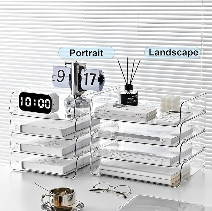 Gagee 4 Pack Paper Organizer for Desk,Stackable Paper Tray Book Holder for Classroom,Office and More,Letter Tray Desk Organizer,Clear