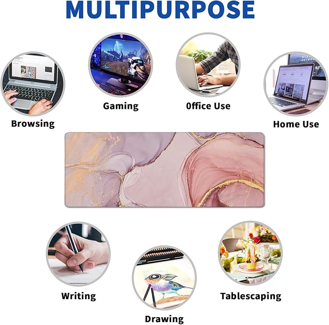 Rose Gold Marble Mouse Pad Abstract Marble Mouse Pad 31.5x11.8 Inch Texture Non-Slip Rubber Base Large Mousepad Stitched Edges Keyboard Mouse Mat Desk Pad for Office and Home