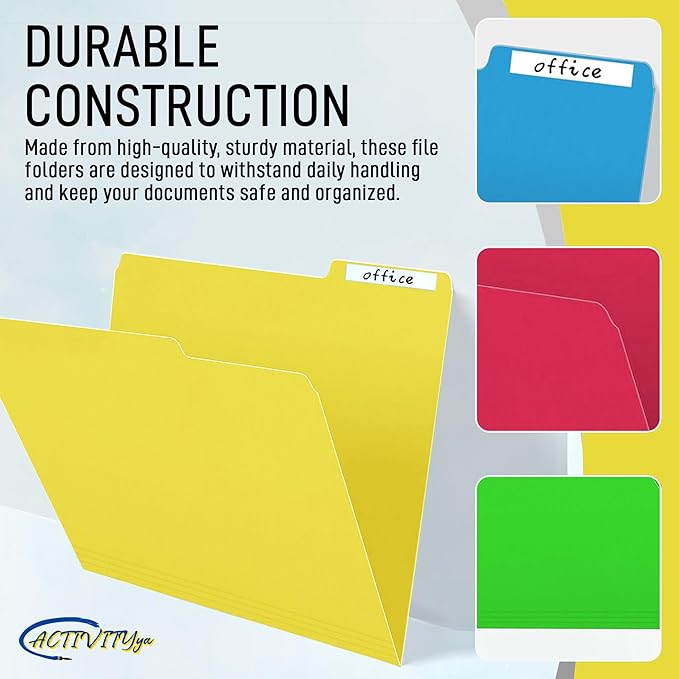 Yellow File Folders, 1/3-Cut Tabs, Letter Size, 12-Pack – Durable Office Filing Folders for Documents, Papers, and Organization