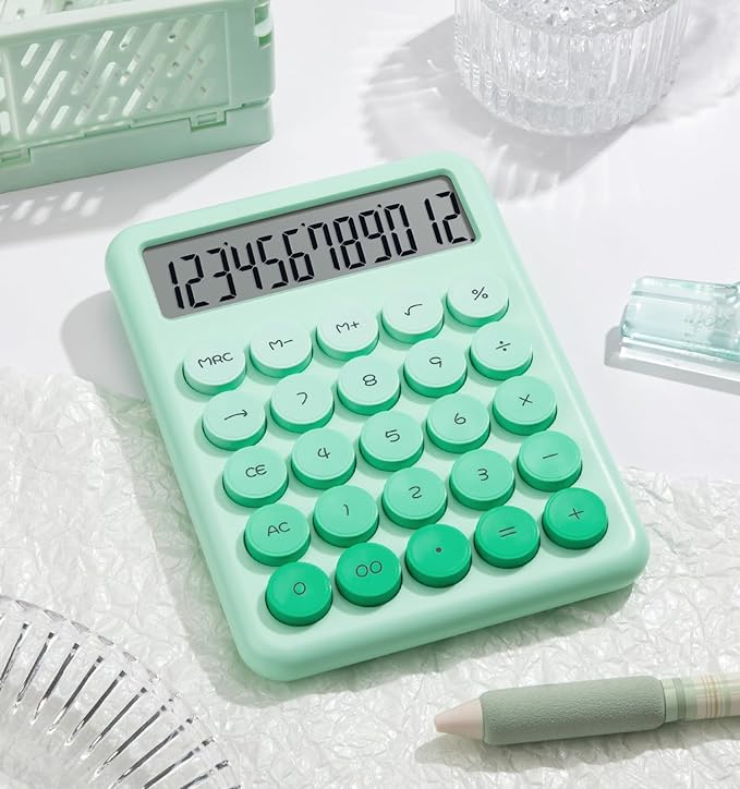 Desk Cute Green Calculator with Big Buttons, Calculators Desktop, 12 Digit with Large LCD Display, Basic Standard Calculator,Mechanical Switch Aesthetic Calculators Office Supplies for Home and School