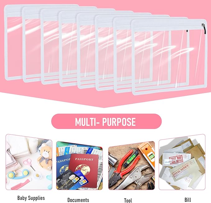 Outus 8 Pcs Clear Zipper Pouches Pencil Pouches PVC Makeup Pouch Envelopes Folder Storage Multi Purpose Pouch Document File Organization Bags, Office Supplies (White Edging, 11.5 x 7 Inches)