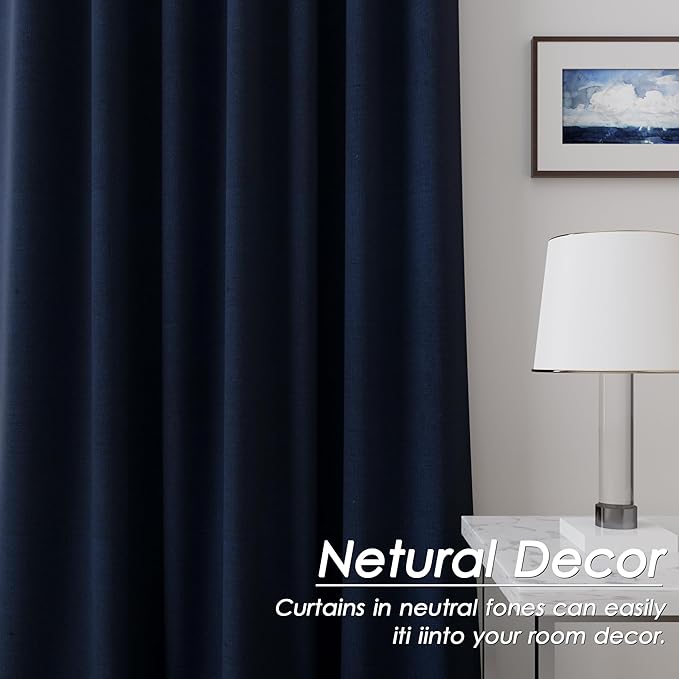 100% Blackout Linen Curtains 100 Inches Long 2 Panels for Bedroom Back Tab Pinch Pleated Black Out Curtain Urban Noise Cancelling Total Light Blocking Window Drapes 100 Inch Length,Navy Blue