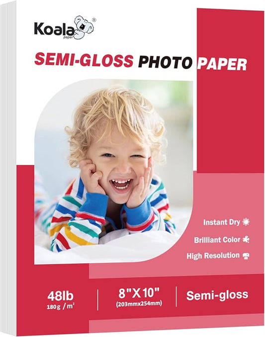 Koala Semi-Gloss Photo Paper 8X10 Inches 100 Sheets for Inkjet and Laser Printers Use DYE INK 48LB 180gsm Professional Paper