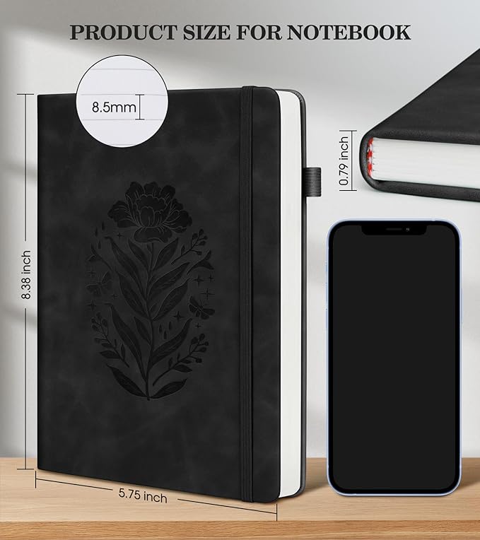 Lined Journal Notebook for Women, A5 Pink Hardcover Leather Journals for Writing, 200 Pages Travel Daily Journal,Thick College Ruled Notebook for Work School, Note Taking, Business 5.75'' X 8.38'' Black