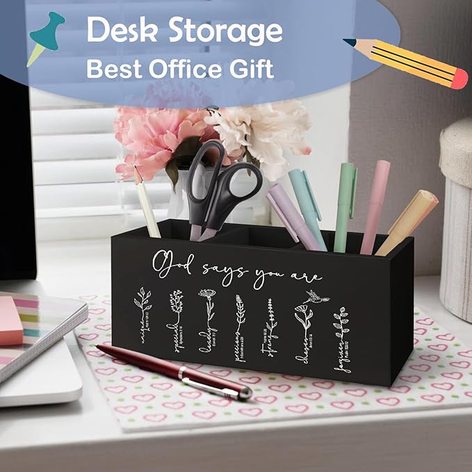 SNNDER Gods Says You are Floral Christian Pen Holder for Desk, Christian Gifts for Women Inspirational Religious Bible Verses Wooden Pen Pencil Holder Organizer for Home Office Desk Accessories