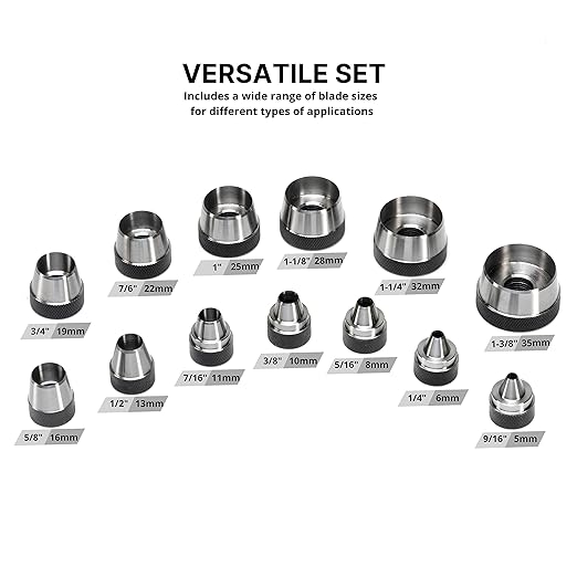 NEIKO 02604A Hole Punch Set | SAE & Metric, 3/16” – 1-3/8” & 5 – 35mm | 14 Piece Sharp Hollow Hole Punch Kit, Gasket Cutting Puncher, Foam Cutter, & Leather Hole Punches | 6” Interchangeable
