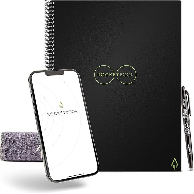 Rocketbook Core Reusable Spiral Notebook, Executive Size 6x8.8, Black - Dotted Pages, App-Connected, Erasable, Durable Cover, Ideal for School, Work, and Creative Projects
