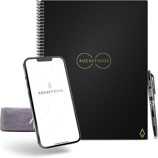 Rocketbook Core Reusable Spiral Notebook, Executive Size 6x8.8, Black - Dotted Pages, App-Connected, Erasable, Durable Cover, Ideal for School, Work, and Creative Projects