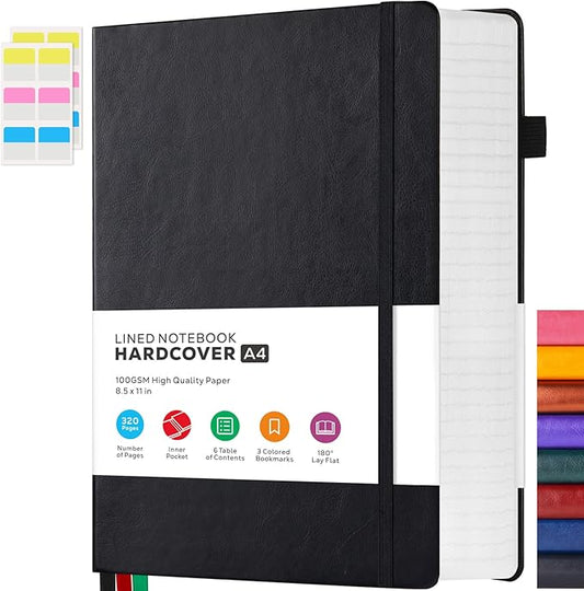 Notebooks College Ruled, A4 (8.5 x 11) Large Notebook Journal with 100GSM Lined Paper, Hardcover Leather Journaling Notebooks for Women & Men, 320 Pages, Big Black Notebook