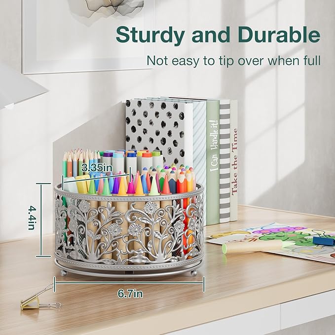 EKNITEY Pencil Pen Holder For Desk - Rotating Pencil Cup Organizer Cute Desktop Caddy with 4 Slots for Art Supplies School Home