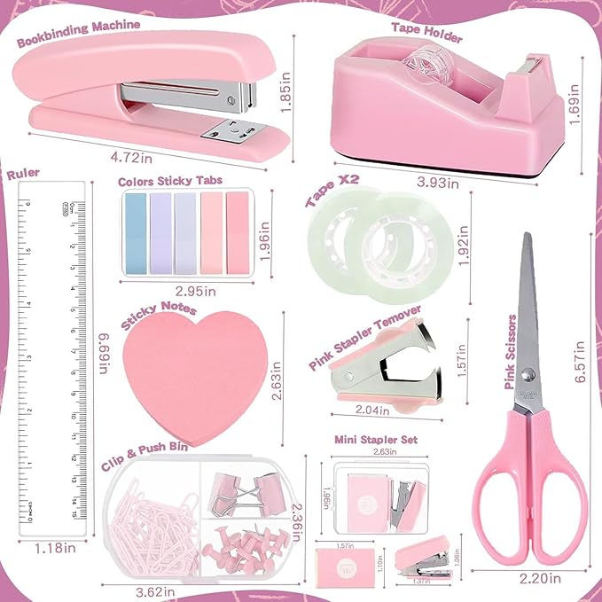 12 Pack Office Supply Kit,Pink Office Supplies Includes Stapler,Tape Dispenser,Staple Remover,Staples,Clips,Scissor,Staples,Clips,Scissor,Ruler and Tabs