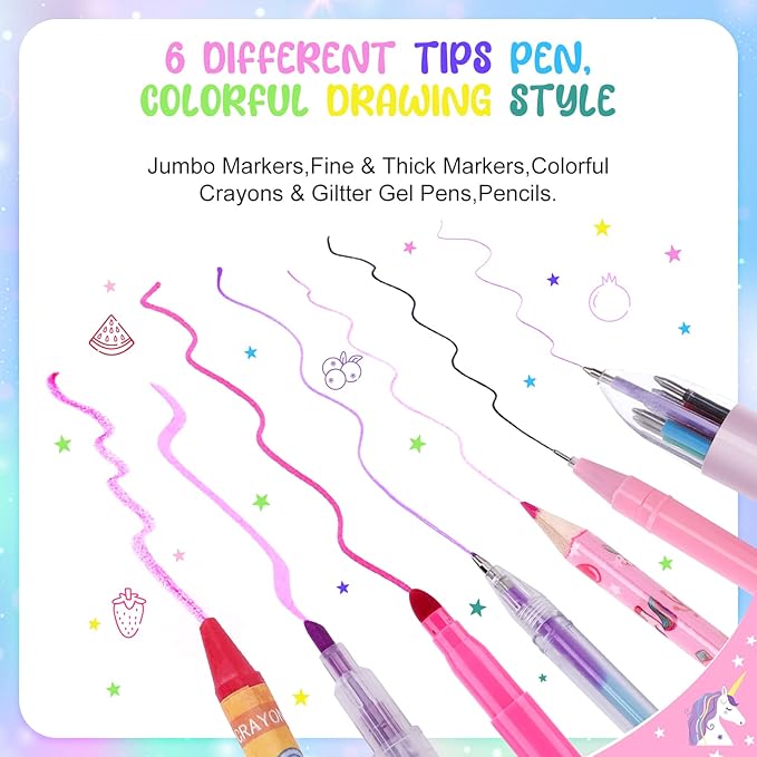 Fruit Scented Markers Set 56Pcs with Glitter Unicorn Pencil Case & Stationery,Art Supplies for Kids Ages 4-6-8, Art Coloring Kits Box,Gifts Toy for Girls Age 5,7,Pencil&Crayon Drawing Stuff