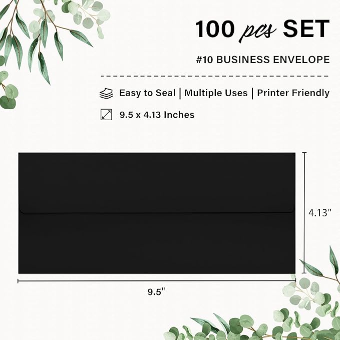 100 Pack #10 Business Envelopes, Self Seal Standard Black Envelopes for Secure Business & Legal Mailing, Office, Checks, Letter, Invoices, 4 1/8 x 9 1/2 Inches