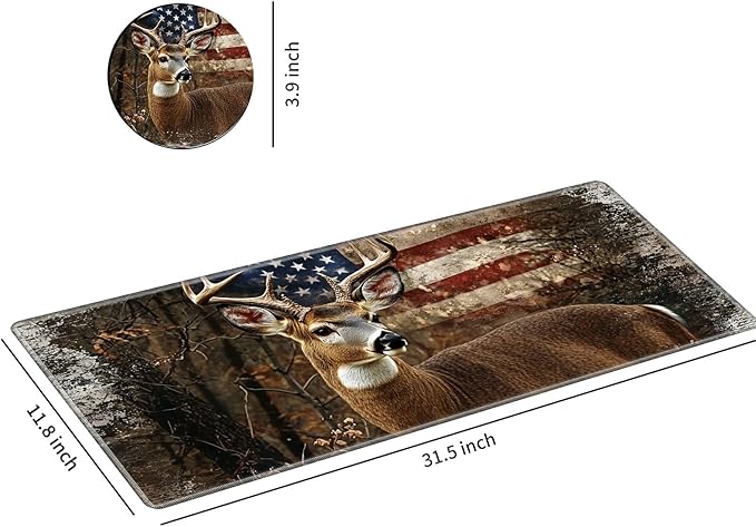 Desk Mat Large Gaming Mouse Pad (31.5x11.8 inch) with Stitched Edges, XL Mouse Pad +Coaster, Extended Mouse Mat Keybroad Mousepad Non-Slip Rubber for Gamer Men Women, Deer Retro American Flag