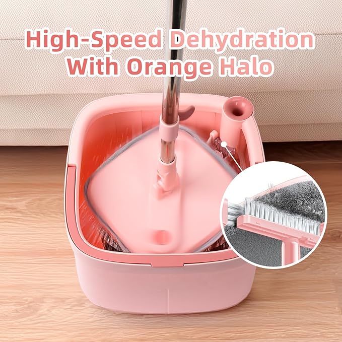 KZKR Square Spin Mop and Bucket Set with Self Separation Dirty and Clean Water System, Self Wringing 360° Rotating Mops Head with 6 Replaceable Microfiber Pads for Home Floors Cleaning