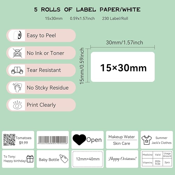 EEBBL D30 P21 Label Maker Tape Refill, 15×30mm(0.59"×1.2") Thermal Label Print Stickers Compatible with D30 Portable Label Printer Adapted Print Paper for Office, 230 Labels/Roll, 5 Rolls(White)