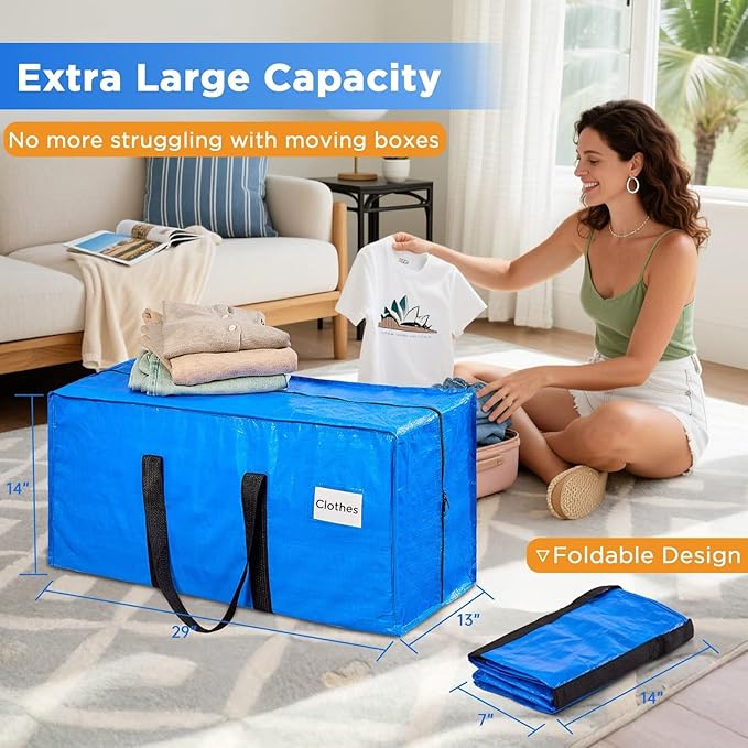 Extra Large Moving Bags Heavy Duty Storage Bags with Zipper Handles, BETU 8 Pack Clothes Storage Totes Bins Packing Moving Boxes, Moving Supplies for College Dorm Essentials, Space Saving, Blue