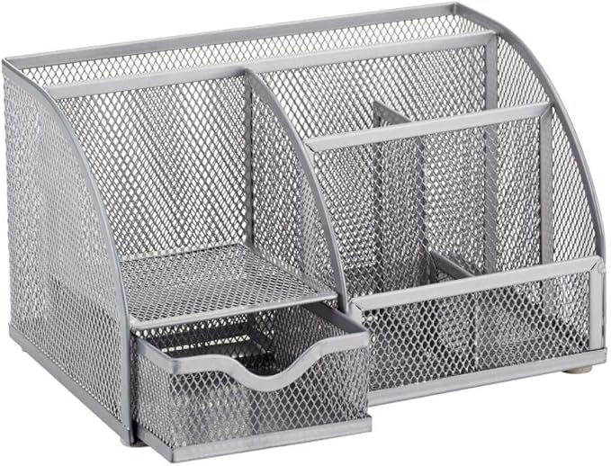 Annova Mesh Desk Organizer Office with 7 Compartments + Drawer/Desk Tidy Candy/Pen Holder/Multifunctional Organizer (Silver)