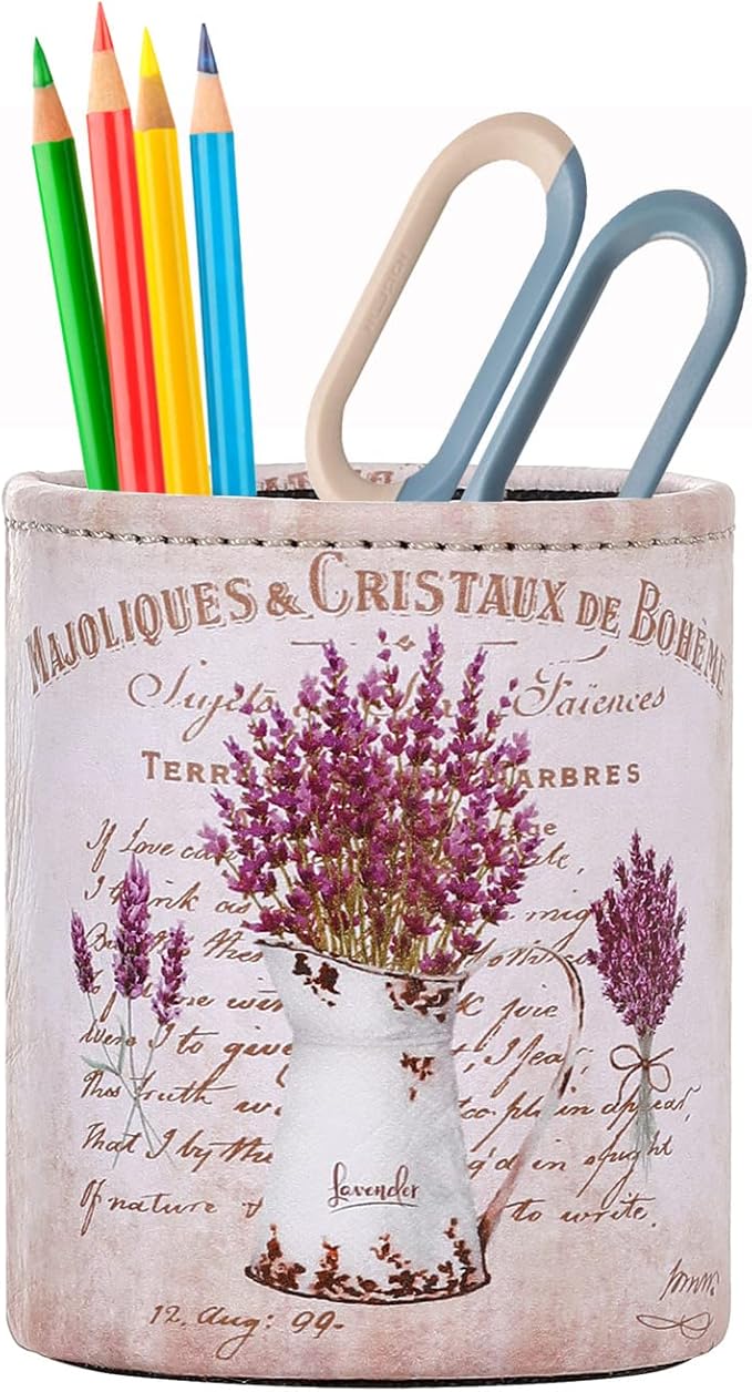 Pen Holder for Desk Cute, PU Leather Pen Stand for Cosmetics Office Supplies, Gifts for Back to College, Retro Purple Lavender PH85