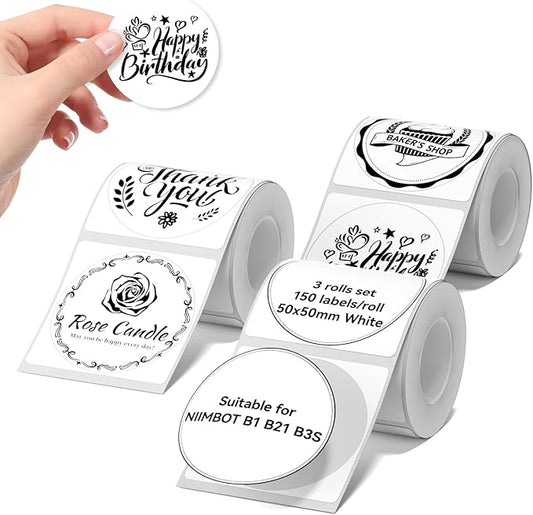NIIMBOT Labels 3 Rolls Set for B1/B21/B31 Sticker Printer, 50x50mm (1.97'' x 1.97'') 150 Labels/Roll, Refill Labeling Tape for Home School Office Small Business (White Round)