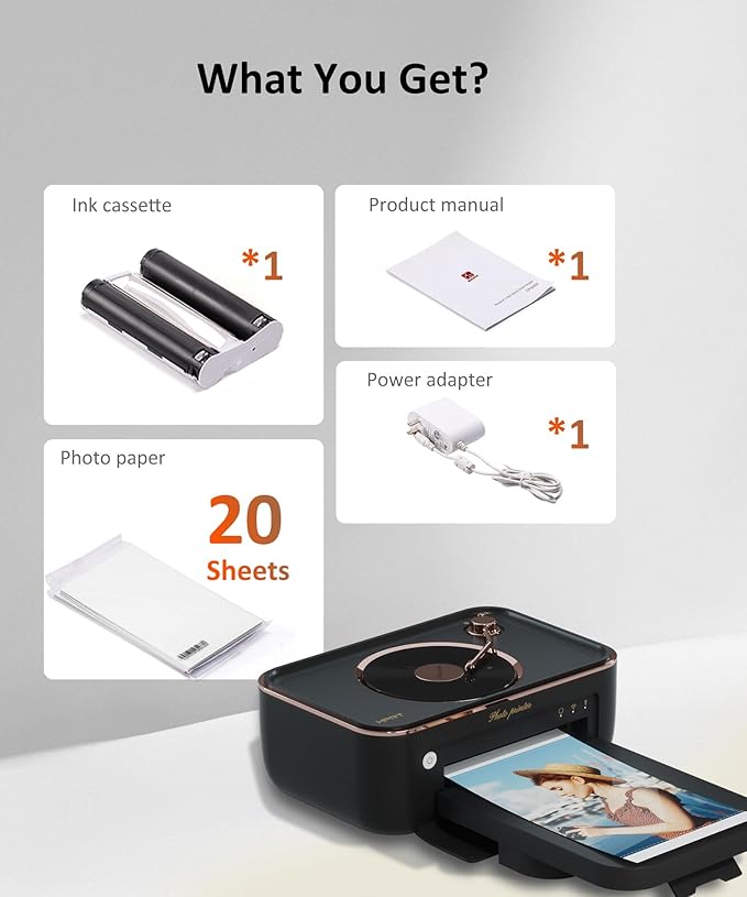 CP6000 4x6 Photo Printer with 20 Sheets & 1 Ribbon, Full-Color Thermal Dye Sublimation Wi-Fi Printing, Portable Instant Picture Printer for iPhone/Android, AR Video, Fun App, Home Use, Black