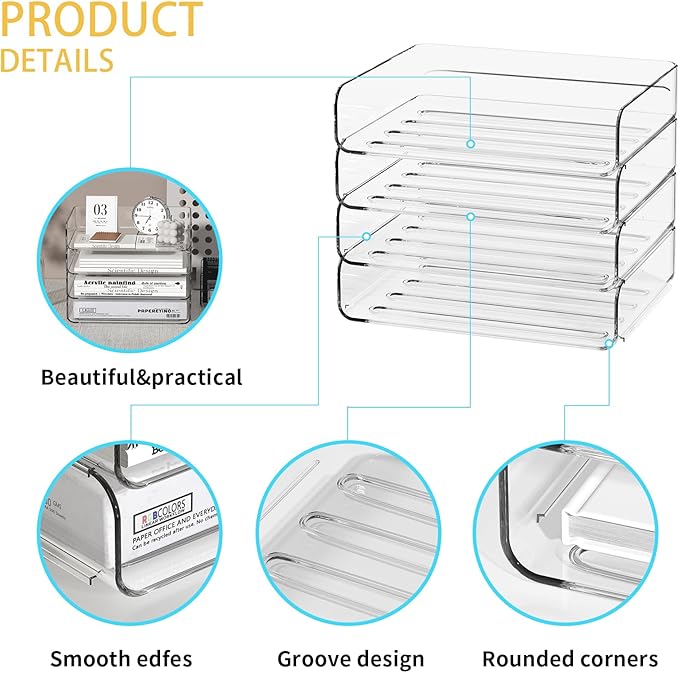 4-Tier Acrylic Paper Tray Organizer - Low-Profile Desk File Sorter for Office/Home, Clear Stackable Letter Tray for Bills, Crafts, Notebooks