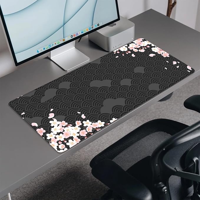 Black Watercolor Cherry Blossom Desk Pad Mouse Pad,Large Gaming Mouse Mat with Stitched Edges,Non-Slip Waterproof Rubber Base Mousepad for Office Work Home Desk Mat(27.5X11.8 in)
