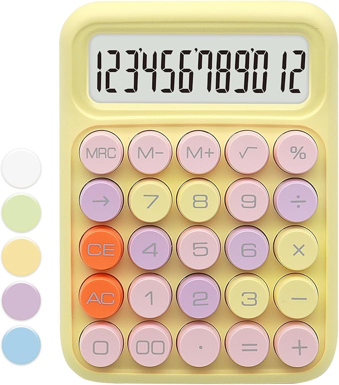 Standard Calculator - Colorful Yellow with 12 Digit Display and Big Buttons, Cute Office and School Accessory